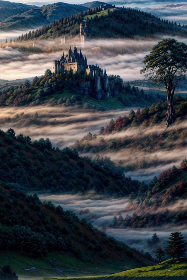An ultra-high-definition 4K digital painting showcasing a grand, deserted medieval castle perched on a hill, overlooking a misty valley at dawn. The castle’s ancient stone walls are covered in ivy, and its towering spires reach towards the first light of day, which breaks through the mist with a soft, golden glow. The valley below is shrouded in a blanket of fog, with the tops of trees and distant mountains barely visible in the morning light. The scene is steeped in a sense of history and mystery, with every detail, from the weathered stones of the castle to the delicate tendrils of mist winding through the valley, rendered to create an atmosphere of quiet majesty and ancient power.
