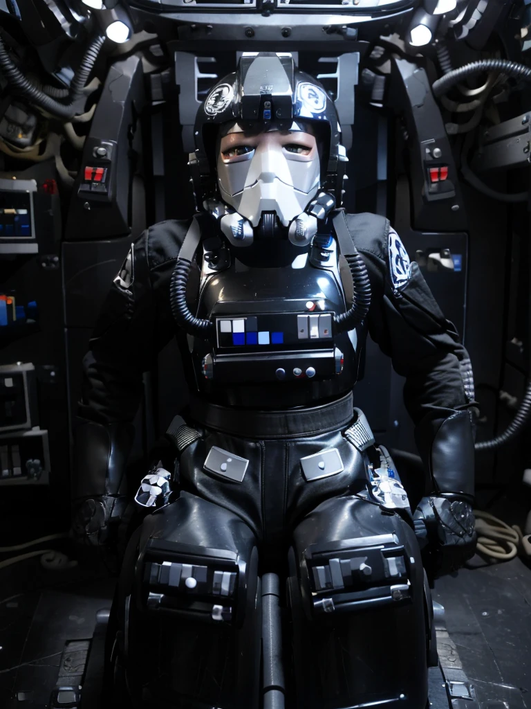 Japanese female android,Black Hair,Space station cockpit,Secured to the seat with a thick harness,Wearing a headset,Plump,Slightly thicker,Spread your legs,Squat,White robot suit,Robotic arms and legs,Surrounded by switches and monitors,