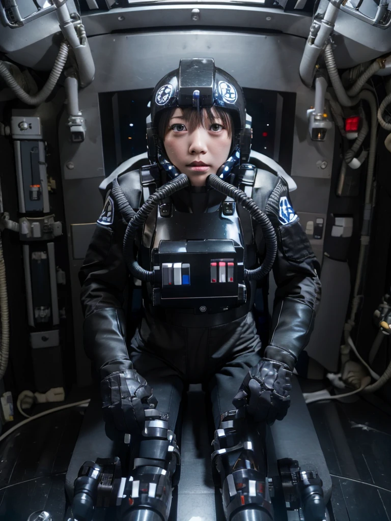 Japanese female android,Black Hair,Space station cockpit,Secured to the seat with a thick harness,Wearing a headset,Plump,Slightly thicker,Spread your legs,Squat,White robot suit,Robotic arms and legs,Surrounded by switches and monitors,