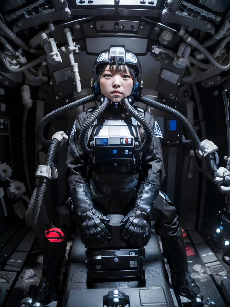 Japanese female android,Black Hair,Space station cockpit,Secured to the seat with a thick harness,Wearing a headset,Plump,Slightly thicker,Spread your legs,Squat,White robot suit,Robotic arms and legs,Surrounded by switches and monitors,