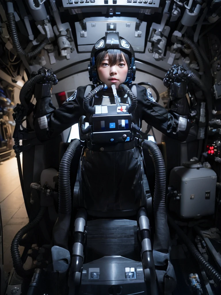 Japanese female android,Black Hair,Space station cockpit,Secured to the seat with a thick harness,Wearing a headset,Plump,Slightly thicker,Spread your legs,Squat,White robot suit,Robotic arms and legs,Surrounded by switches and monitors,