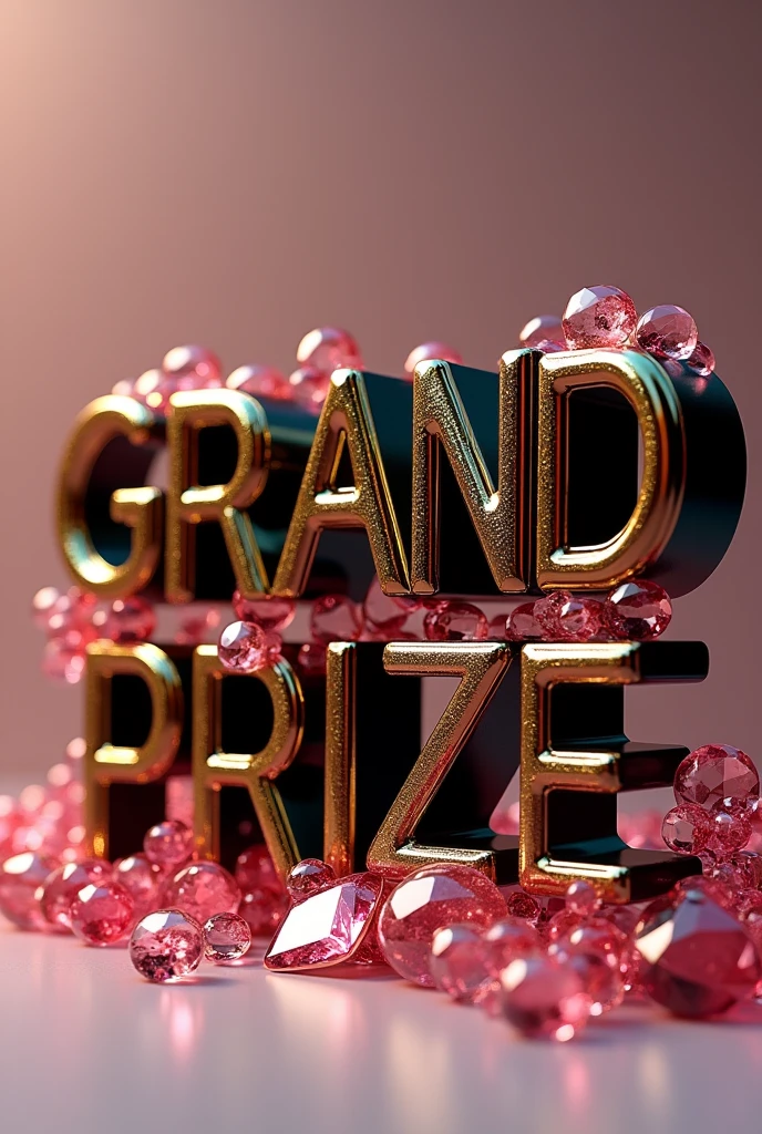 Create a 3D text design with the phrase 'grandprize.' The letters should be in a combination of black and gold, featuring a glossy and dimensional effect. Incorporate pink gemstones within the letters to enhance the design, making sure the jewels add a luxurious touch to the overall appearance