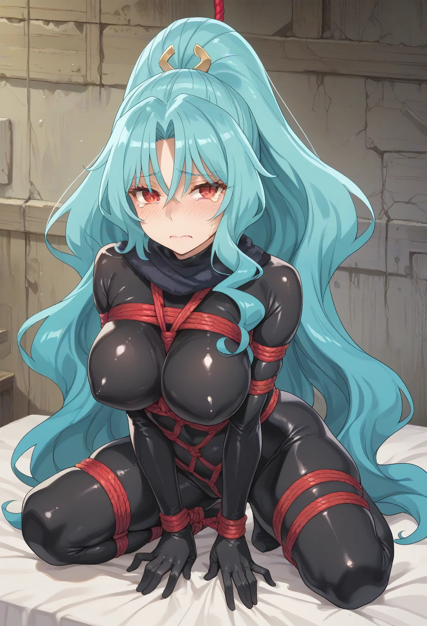 long hair aqua hair ponytail red eyes, slit pupils, big breast,shibari,black latex fullbody suit,tears flowing,purple blush,roling eyes,hanged on the rope,rope around neck
