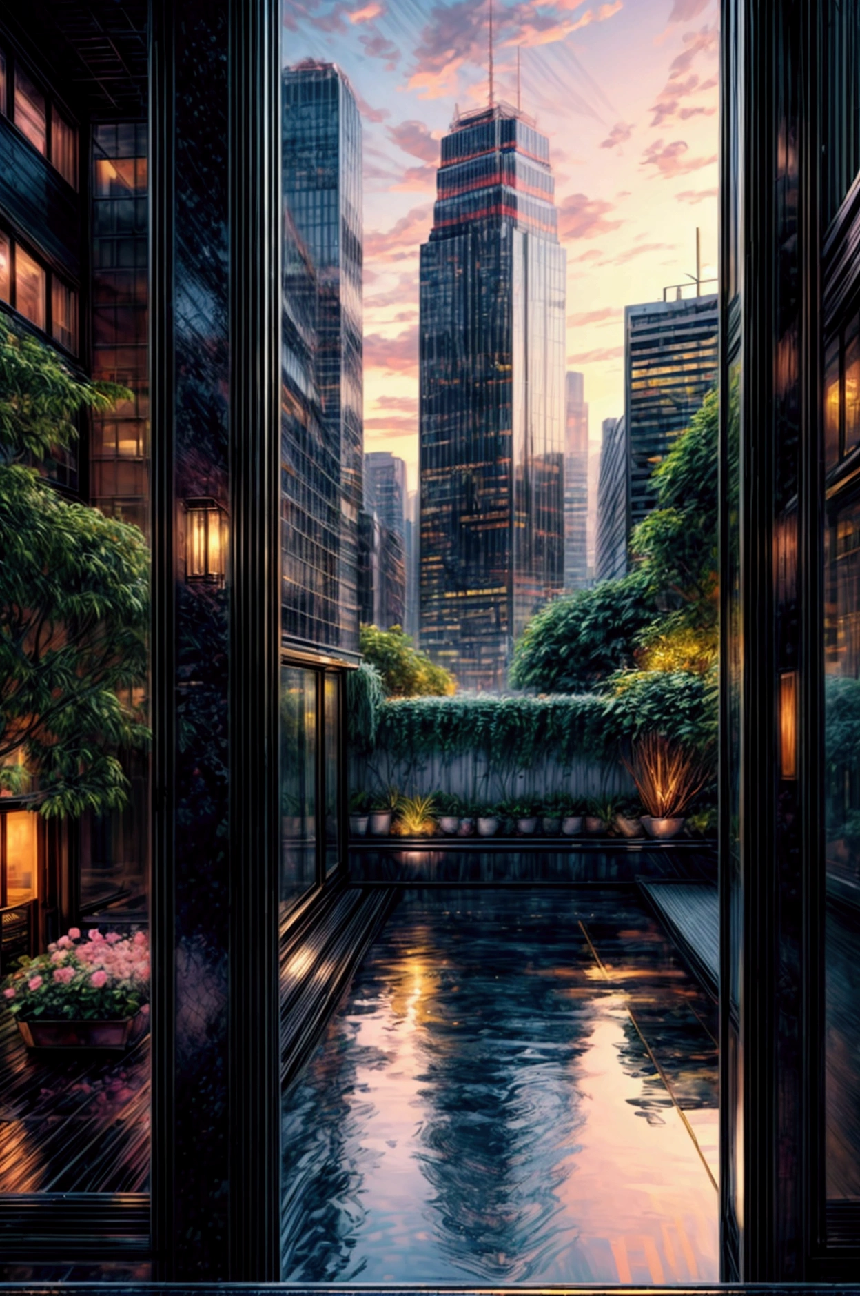 An ultra-high-definition 4K digital painting capturing the bustling energy of a vibrant cityscape as seen from a tranquil rooftop garden at sunset. The garden, filled with lush greenery and blooming flowers, provides a peaceful contrast to the towering skyscrapers and busy streets below. The sky is a brilliant gradient of warm oranges, pinks, and purples, as the sun sets behind the city’s skyline, casting a golden light that reflects off the glass windows of the buildings. The scene is a harmonious blend of urban and natural elements, with every detail, from the intricate patterns of the garden’s plants to the sparkling lights of the city as they begin to twinkle, meticulously crafted to evoke a sense of serene beauty amid the urban hustle.