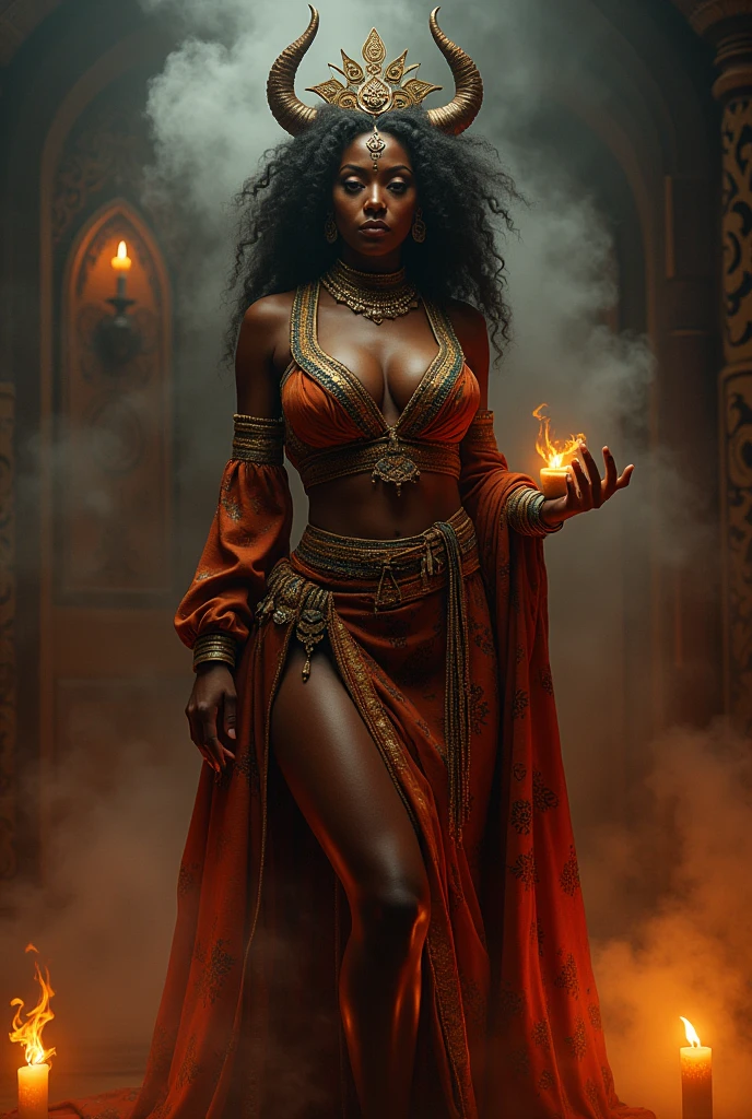 Fantasy Female sorceress wearing a robe, fiery red hair, latina, ((dark skin)),
