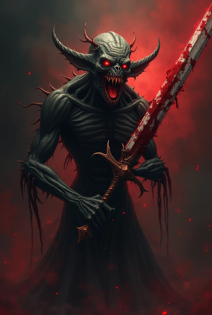 Scary humanoid creature with flaming eyes and scary mouth with a sword with blood on a black and red background 