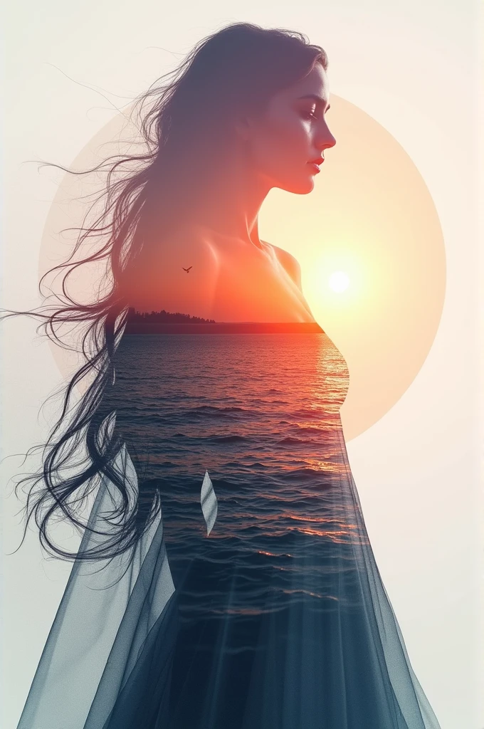 high quality, 8K Ultra HD, A beautiful double exposure that combines an goddess silhouette with sunset coast, sunset coast should serve as the underlying backdrop, with its details incorporated into the goddess , crisp lines, The background is monochrome, sharp focus, double exposure, by yukisakura, awesome full color,