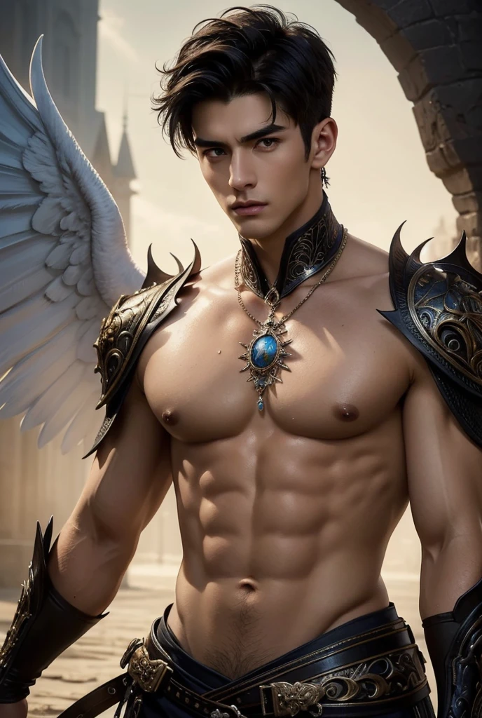 masterpiece, best quality, high quality, a tall muscular handsome young man, solo, perfect facial features, (short hairstyle:1.5), beautiful, gorgeous, wet, digital painting, Fantasy, Fine Art, Digital Art, Magical, Mystical, Ethereal, Unique Style, Highly Textured, Intricate Details, Vibrant Colors, absurdres, Dynamic Pose, Vigilant Stance, Fantasy Art, mythical creatures, Magic, Surreal, Symbolic, (sexy gaze), looking at the viewers romantically,