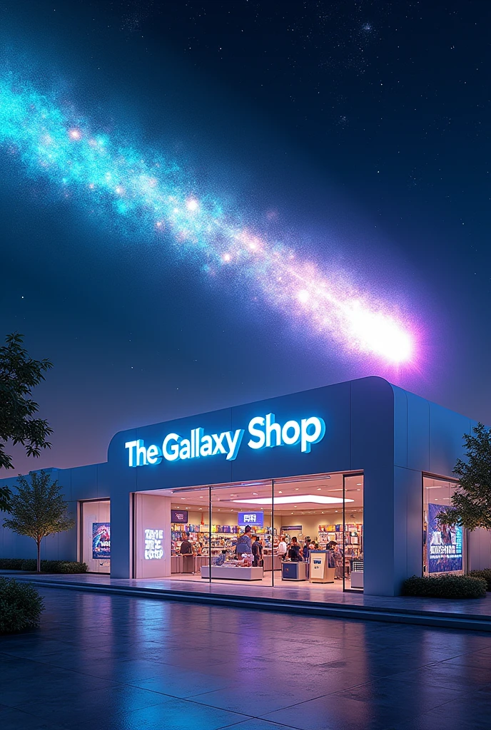 A store in space called Galaxy Shop and a meteor passing behind it leaving a trail of vivid colors