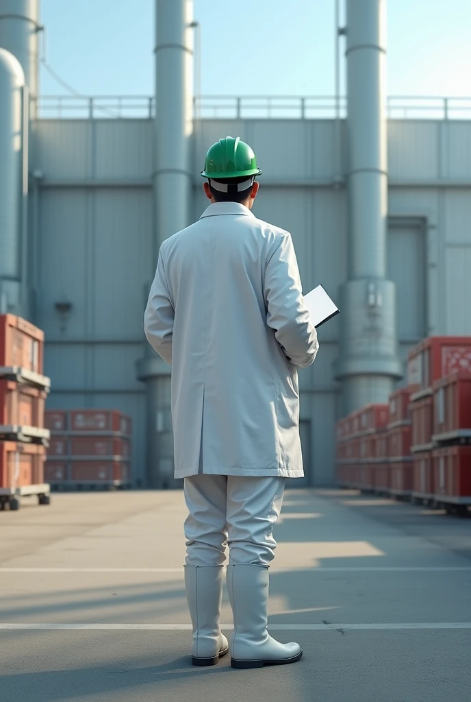 A supervisor in front of a JBS meatpacking plant, with a white supervisor's coat and a green helmet with white refrigerator boots and white pants and with a clipboard in his hand