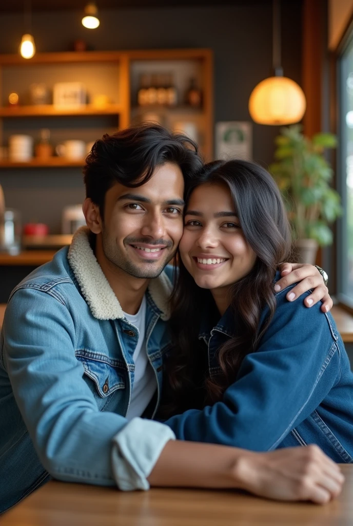 A 20 years old young indian boy with medium long hair wearing denim jacket and seating with his 20 years old young girlfriend with long hair who's wearing blue jacket and both are seating in starbucks coffee shop.taking selfie