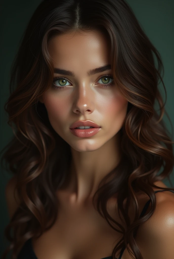 A very beautiful woman with green eyes, brunette and hot