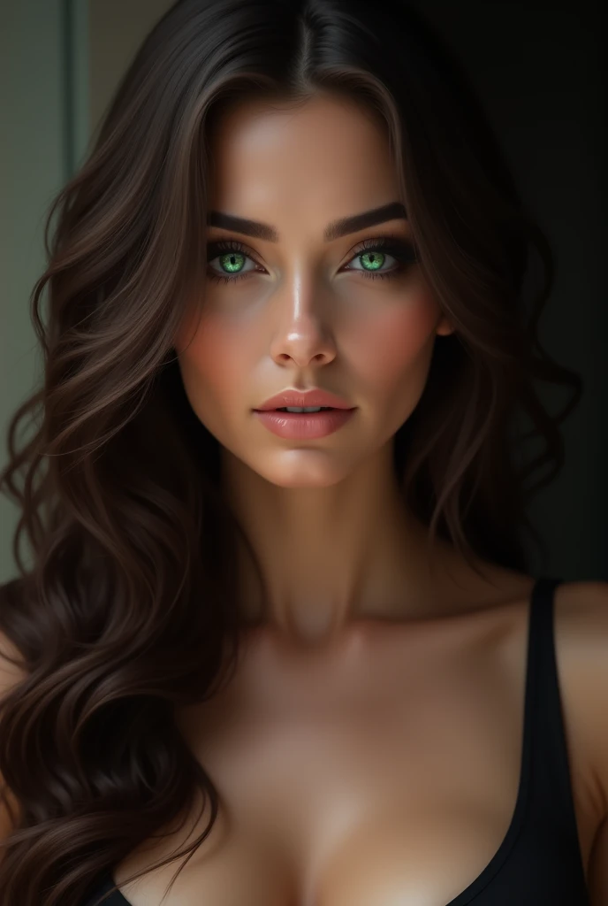 A very beautiful woman with green eyes, brunette and hot