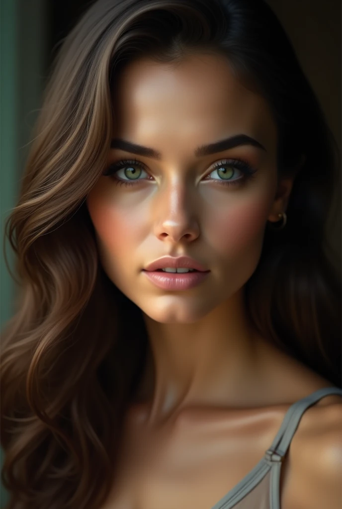 A very beautiful woman with green eyes, brunette and hot