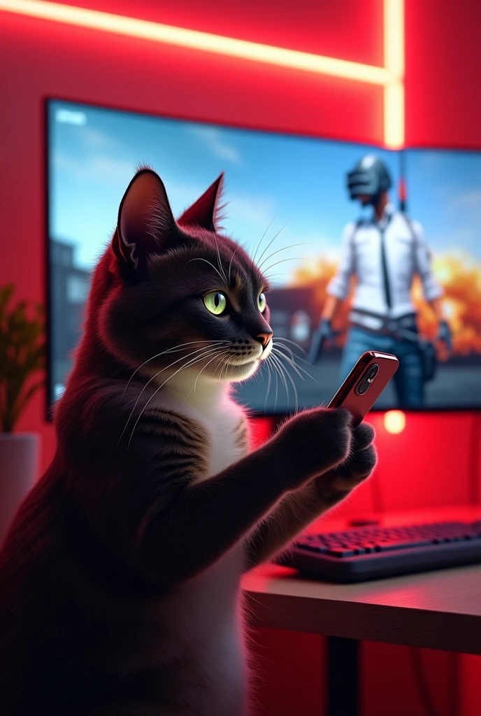 There cat
 playing PUBG mobile in iPhone 15 pro max with computer screen PUBG MOBILE 
in background wall texted with red neon lights texted SPEEX for avatar