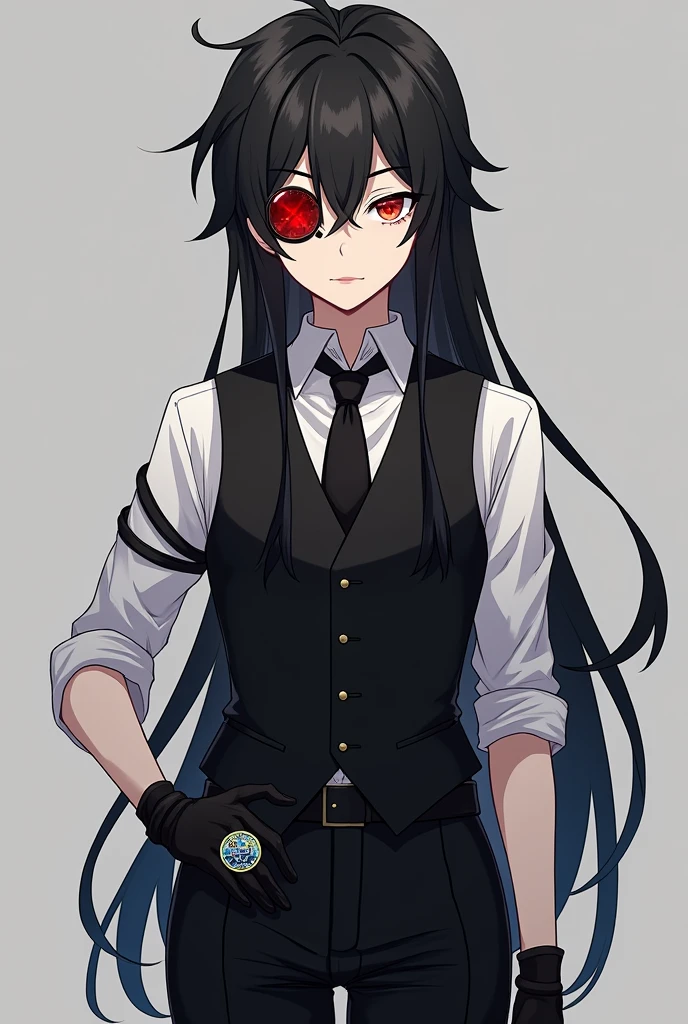 Teenage boy with long black hair, 192 cm tall, slim body looks like a young teenager but hides terrible power, eyes have two colors: the left eye is bright red like blood and the other You have the shape of the Endless symbol, your right eye is shaped like an analog clock. Attire: white shirt inside, elegant black vest outside, thick, elegant black pants, black gloves, monocle, gemstone ring on the ring finger of the right hand