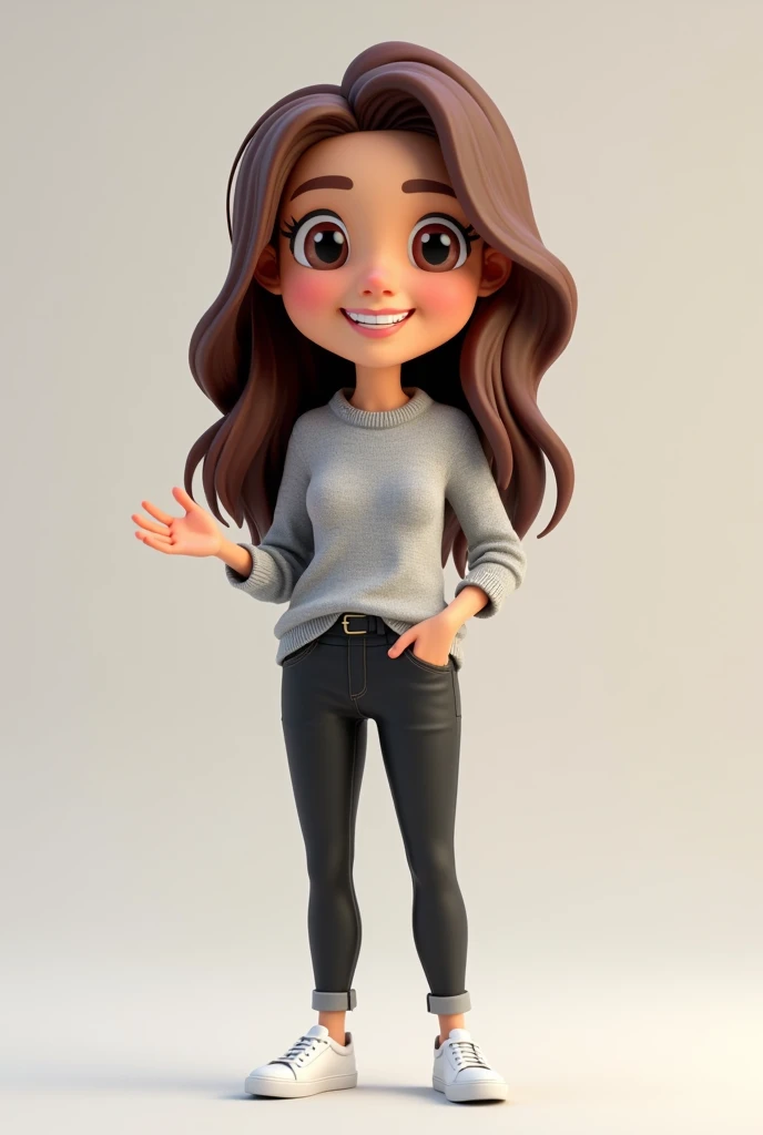 Create a 3D avatar of a professional female character with long, wavy brown hair, wearing a light gray sweater and black pants paired with white sneakers. The character should have a warm and friendly expression, with one hand in her pocket and the other gesturing as if she is engaged in a conversation. The avatar should have a modern, slightly exaggerated, and stylized appearance, similar to a chibi style but still maintaining a professional look.