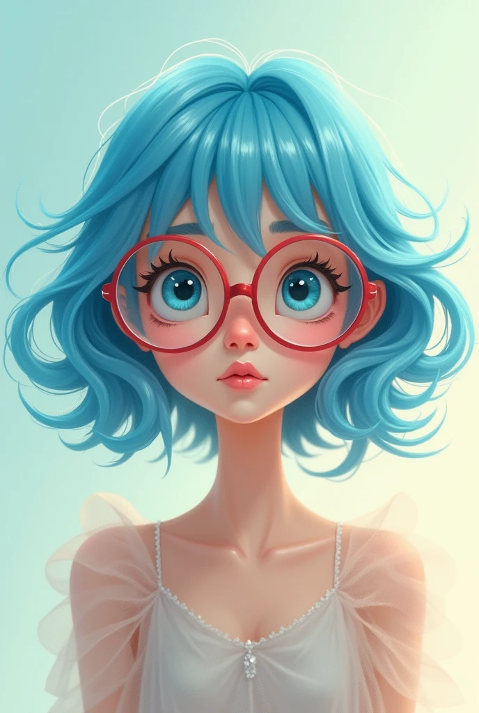 blue haired girl with big glasses attributes with dress