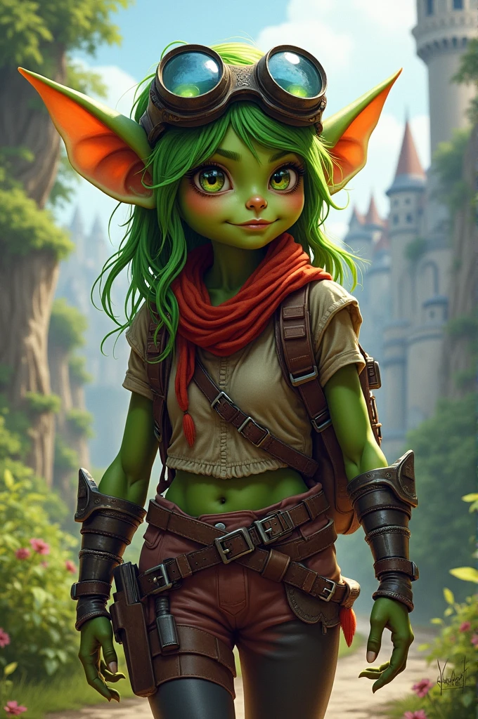 Medieval fantasy caotic green skin goblin ager rebel girl artificer with googles on head
(Like Tristana of League of Legends)
(like 20 years old)