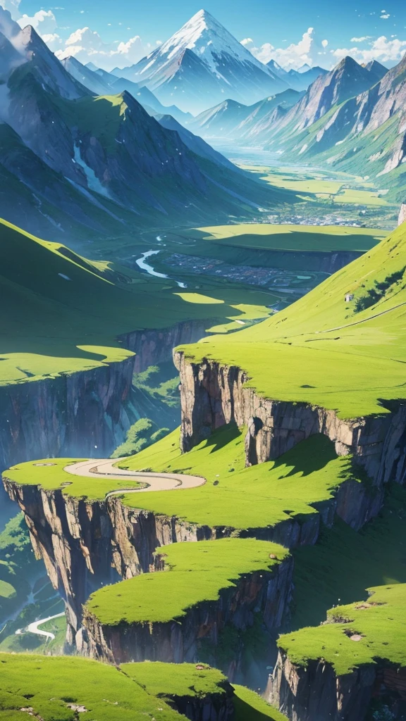 anime landscape with a mountain and a valley in the distance, anime countryside landscape, anime landscape wallpaper, beautiful anime scenery, detailed scenery —width 672, anime nature, anime landscape, anime background art, scenery artwork, anime nature wallpap, anime beautiful peace scene, 4k highly detailed digital art, beautiful art uhd 4 k, beautiful summer landscape, amazing wallpaper