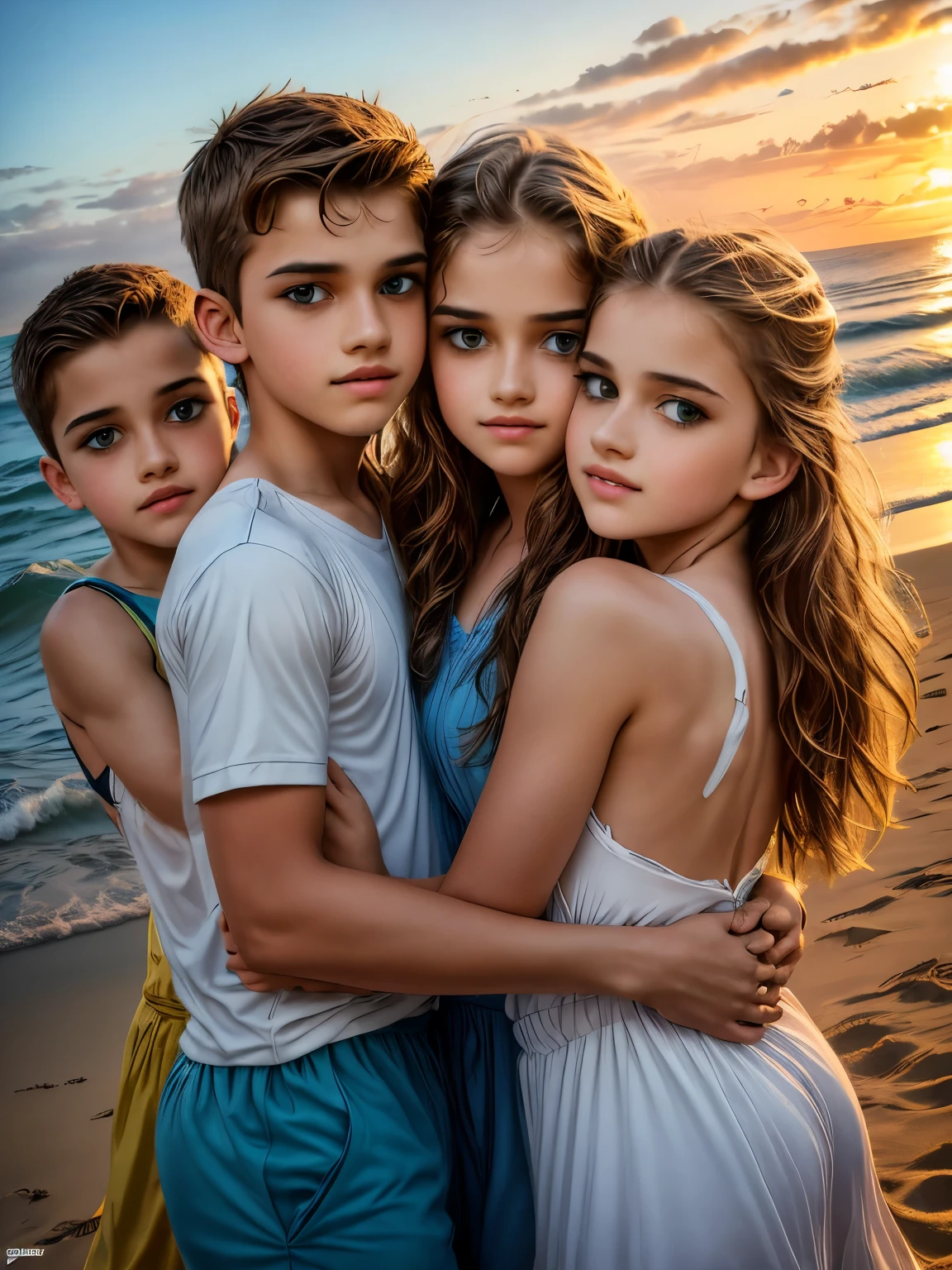 a group of boys and girls near the beach on a summer night, beautiful detailed eyes, beautiful detailed lips, extremely detailed eyes and face, long eyelashes, teenage, candid, natural outdoor lighting, sunset sky, crashing waves, sand, palm trees, vibrant colors, cinematic, dramatic, 8k, high resolution, photorealistic, hyper detailed, stunning, masterpiece