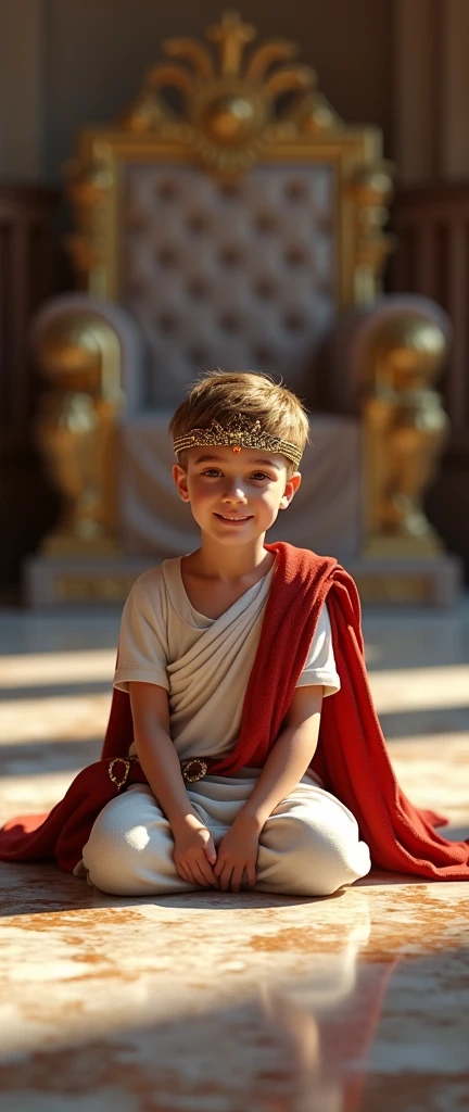  Front view, looking at viewer, on floor in ancient Roman palace , 4 AD, 1 Male , Constantin's I, He is 5 old, (light brown hair, shot hair, permanent hair, Brown eyes, little smile), ((diadem ,White head band Crown with jewel:1.3) , (wearing White an ancient Roman imperial ionic tunic:1.5), (Red Cloak put on shoulder:1.3), ((leather Sandal)), in Palace, in Constantinople, (holding one kingdom wand:1.3), stand on Mable floor  , gorgeous Mable kingdom chair, textured skin , HI detailed skin, (foreshortening, Canon, 8k, anatomically correct, super detail, high details, highness,