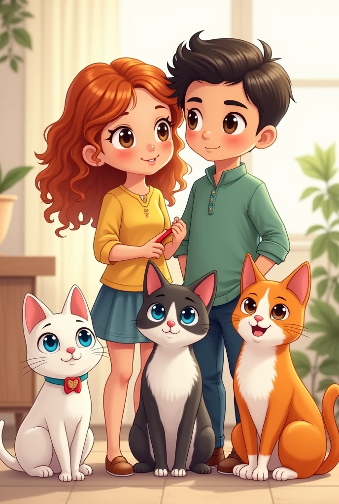 Young woman with curly copper hair, White skin, Brown eyes, with her boyfriend dark straight hair, Brown skin, Chinese race. Siamese cat with blue eyes, white cat on lead and orange white and black tricolor cat. chibi, tender, funny