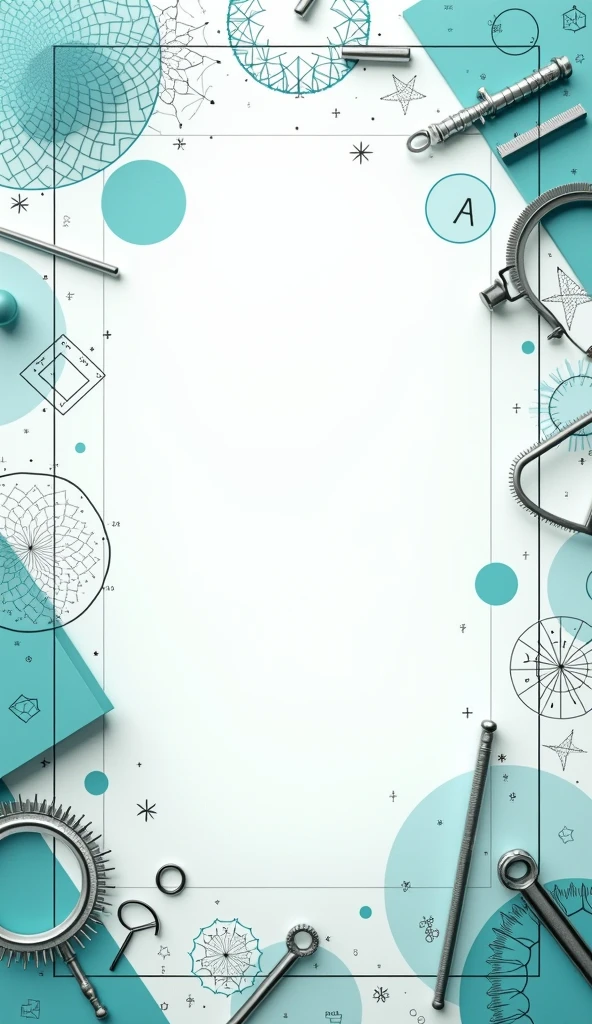 Page frame design with mathematical tools and geometric shapes with turquoise color and white middle of the page