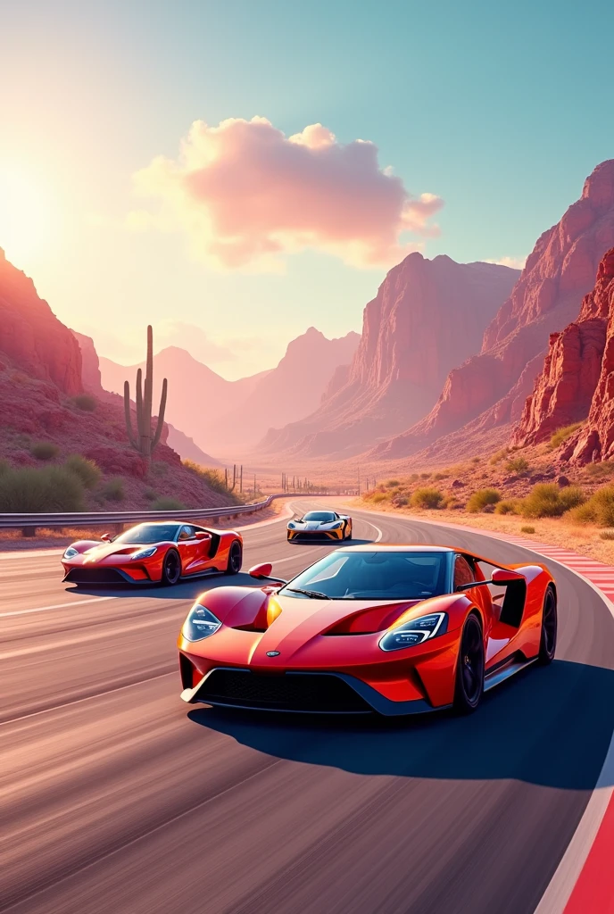 Create a multi-lane race track in the Mexican desert with mountains and cacti in the background. Everything is in golden pink tones. In the foreground, place three racing cars that are in the same lane. The cars should be small. Cars should be parked nearby. One racing lane must be free