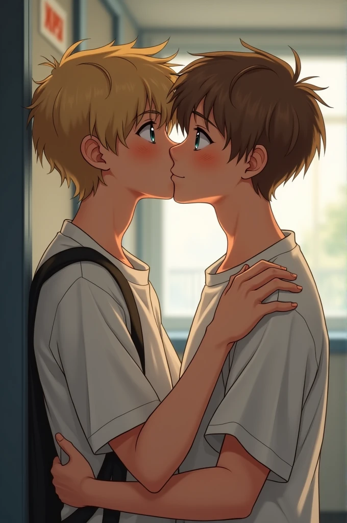 Draw two men , kissing in white shirts. One of them with blonde hair with blue-green eyes, another one light brown hair with blue eyes. With background school