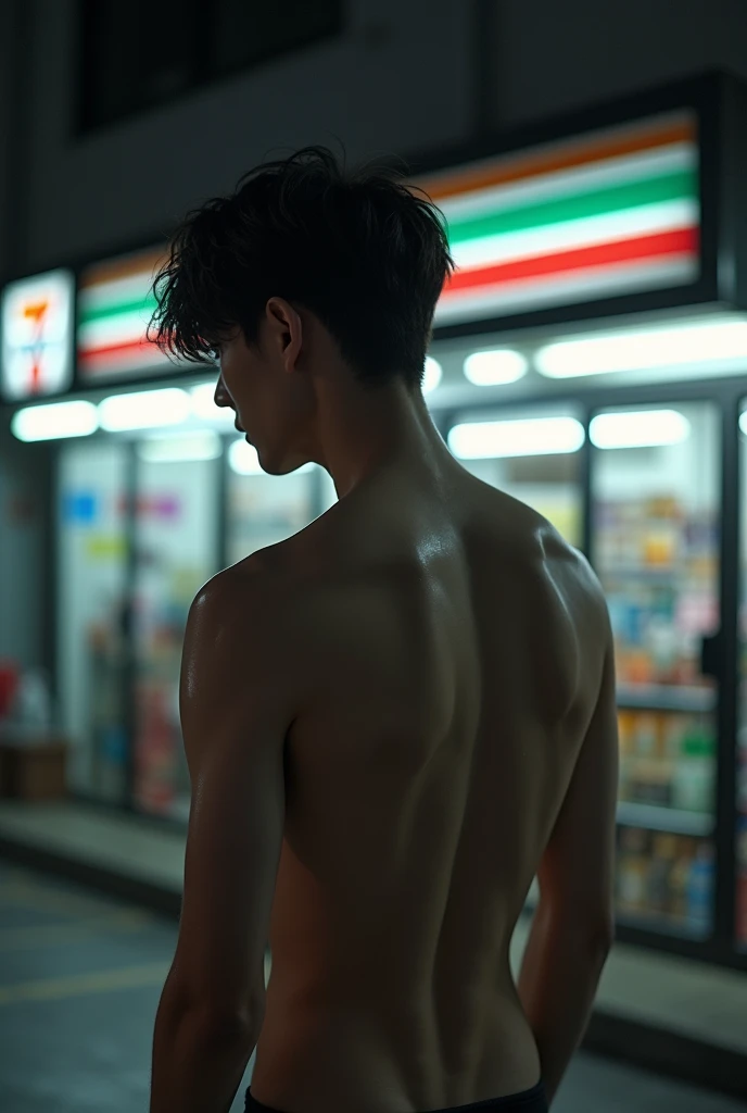 Mobile phone equipment seller,Standing naked in the store,Standing and waiting for customers during the daytime,standing with back naked,Looking outside the store,Thai male, 25 years old,Handsome face, slim body, brown hair.,Waiting for customers at night,In the store the lights were on brightly.