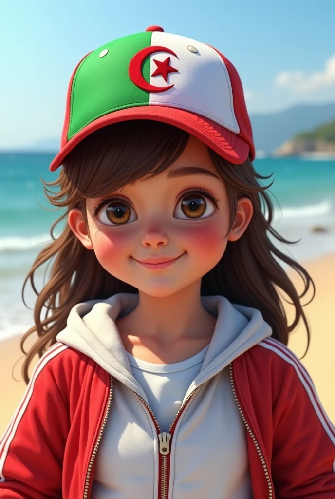 Fat young girl, wearing white and red Adidas jacket, Algerian flag colored baseball cap, high quality, coastal background, beautiful lighting, perfect clarity of the whole image, sharpness of face and eyes, complex details 64k 32k HDset