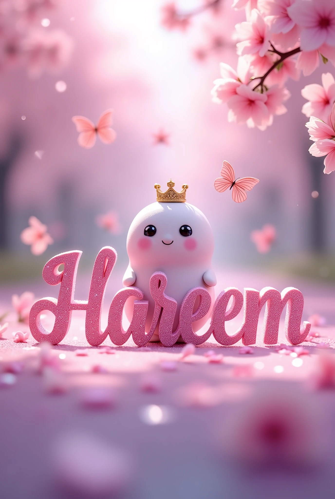 "Create a whimsical and dreamy scene in 8K resolution. The focal point should be a name written in elegant, sparkling cursive letters, to 'Hareem'. Surround the name with delicate pink and purple butterflies fluttering gently. Place a small, cute, abstract character behind the name, wearing a sparkling crown, adding a sense of royalty and charm. The background should be filled with soft, blooming cherry blossoms, creating a magical atmosphere with a pastel color palette. The overall mood should be serene, ethereal, and filled with gentle light reflections, ensuring high detail and quality in the textures and lighting. The scene should have a soft focus effect, enhancing the dreamy and magical feel."
