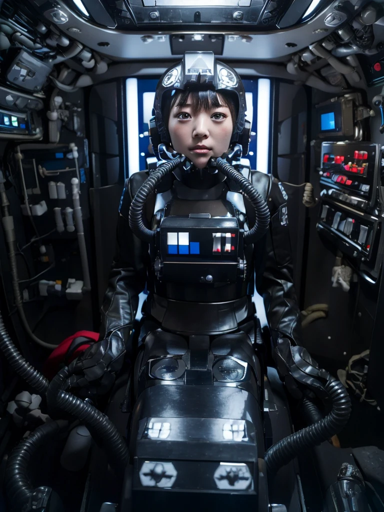 Japanese female android,Black Hair,The spaceship's cockpit,Secured to the seat with a thick harness,Wearing a headset,Plump,Slightly thicker,Spread your legs,Squat,White robot suit,Robotic arms and legs,Surrounded by switches and monitors,