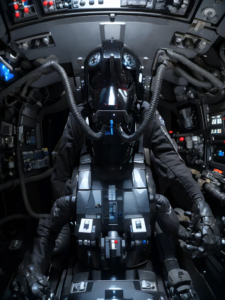 Japanese female android,Black Hair,The spaceship's cockpit,Secured to the seat with a thick harness,Wearing a headset,Plump,Slightly thicker,Spread your legs,Squat,White robot suit,Robotic arms and legs,Surrounded by switches and monitors,