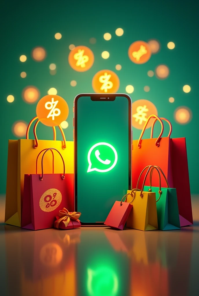 Design a vibrant and dynamic Instagram Reels image (1080px x 1920px) that represents a WhatsApp group dedicated to exclusive deals, discounts, and promotions. The image should feature a smartphone displaying the WhatsApp logo, surrounded by shopping bags, discount tags, and glowing percentage symbols (like -10%, -20%, -50%). The background should be colorful and exciting, with a mix of greens and yellows to evoke the feeling of savings and urgency. Include text that reads 'Join our WhatsApp group for unbeatable deals!' with an arrow pointing towards the phone screen.