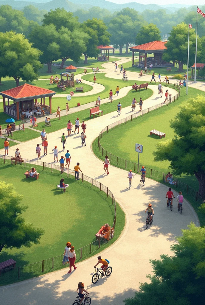 A part with walking track , cycling track , Remote control car area cafe and sitting with traffic rules sign all around 