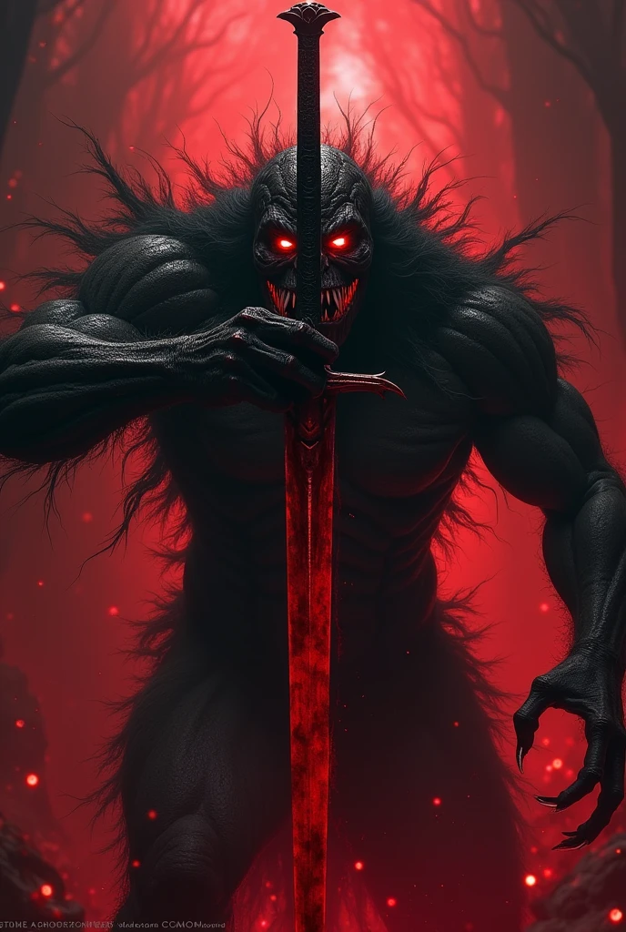 Scary human with flaming eyes and scary mouth with a sword with blood on a black and red background