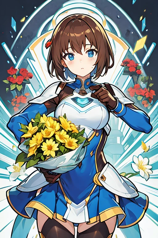Robot woman, short brown hair, with flowers