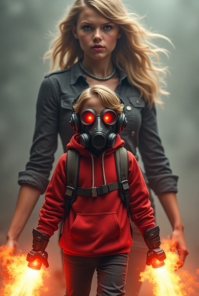 Taylor Swift, realistic, big breasts, full body & Youg boy with red hoodie, headphones, Star-lord helmet, rocket boots, gas helmet, covered mouth, round red eyes, front cover, Dj, mask, fire in boots.