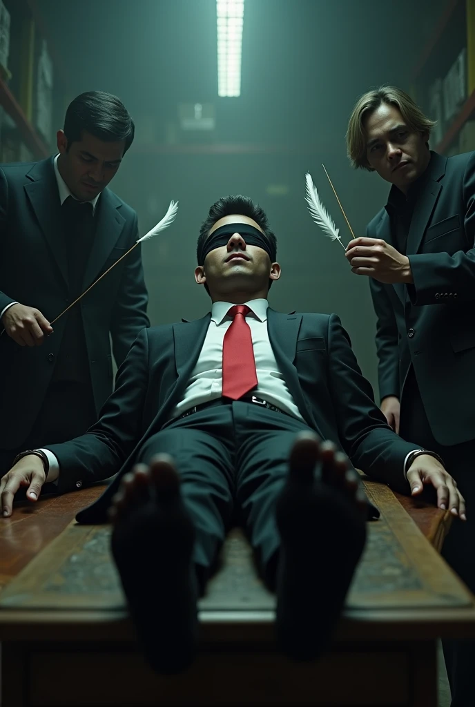 Malaysia malay handsome 23years lawyer
His handcuff in warehouse
Blindfolded
Black Suit and Red tie
feet on desk
shoes on desk
5 toes each feet
Black socks
2 evil mafia tickling his feet using feather
He laugh very hard