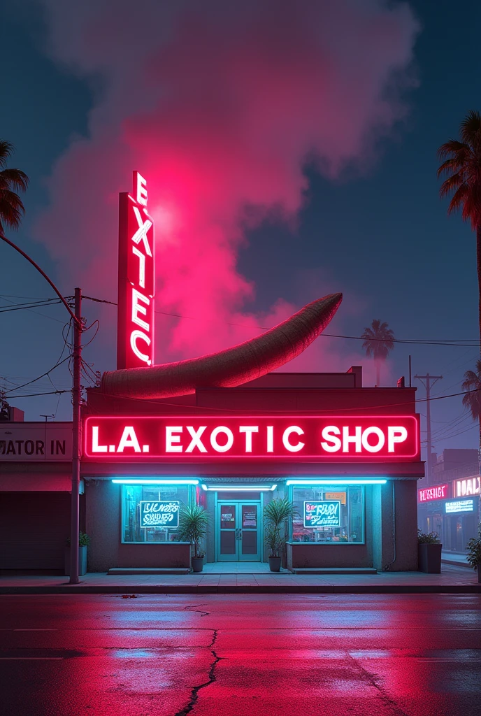 Je voudrai un décor à Los Angeles avec une enseigne (l.a exotic.shop) en néon avec sur le toit un énorme joint qui enfume toute la rue 