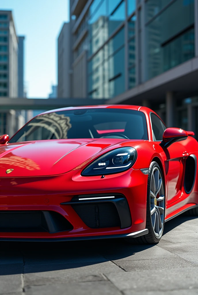 4K image captures the beauty and power of a red Porsche sports car in a breathtaking scene. The car is positioned in a modern urban setting, with a three-quarter perspective that highlights its sleek, streamlined design.

The Porsche is a vibrant, intense red, that shines under natural light, revealing the depth and brilliance of the painting. The surface of the car is impeccably polished, reflecting the surrounding environment with a glossy, mirror-like shine. The car&#39;s smooth, sculpted lines flow seamlessly, accentuating its aerodynamic and dynamic shape.

The front of the car features the iconic Porsche emblem on the hood, with the golden logo clearly visible and prominent. LED headlights, with its sharp, futuristic design, are lit, projecting a bright, clear light. The side air intakes, precision-carved, not only contribute to the aggressive aesthetics, but also enhance the car&#39;s aerodynamic performance.

The details in glossy black, like the rear view mirrors and window frames, contrast with the vibrant red of the car, adding a sophisticated touch. alloy wheels, with a modern, five-spoke design, are equipped with low profile tires that complete the sporty look. The wheel finish shines with a silver metallic tone, standing out against the asphalt.

Ao fundo, the city is slightly blurred, with glass and concrete buildings creating a contemporary urban backdrop. The sky is clear, with a deep blue hue that complements the red car. Shadows and natural light highlight the curves and contours of the Porsche, creating a striking contrast and highlighting every detail of the vehicle.

The image conveys a sense of speed and elegance, capturing the Porsche at its most impressive and eye-catching, perfect for car enthusiasts and automotive design lovers.