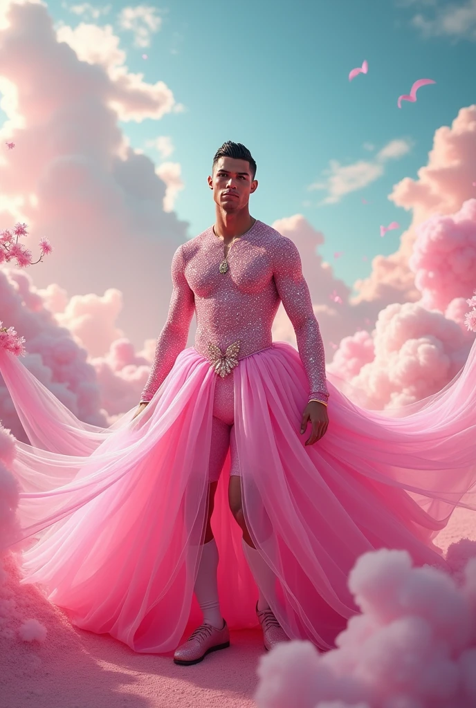 Create image of Cristiano Ronaldo in pink unicorn dress