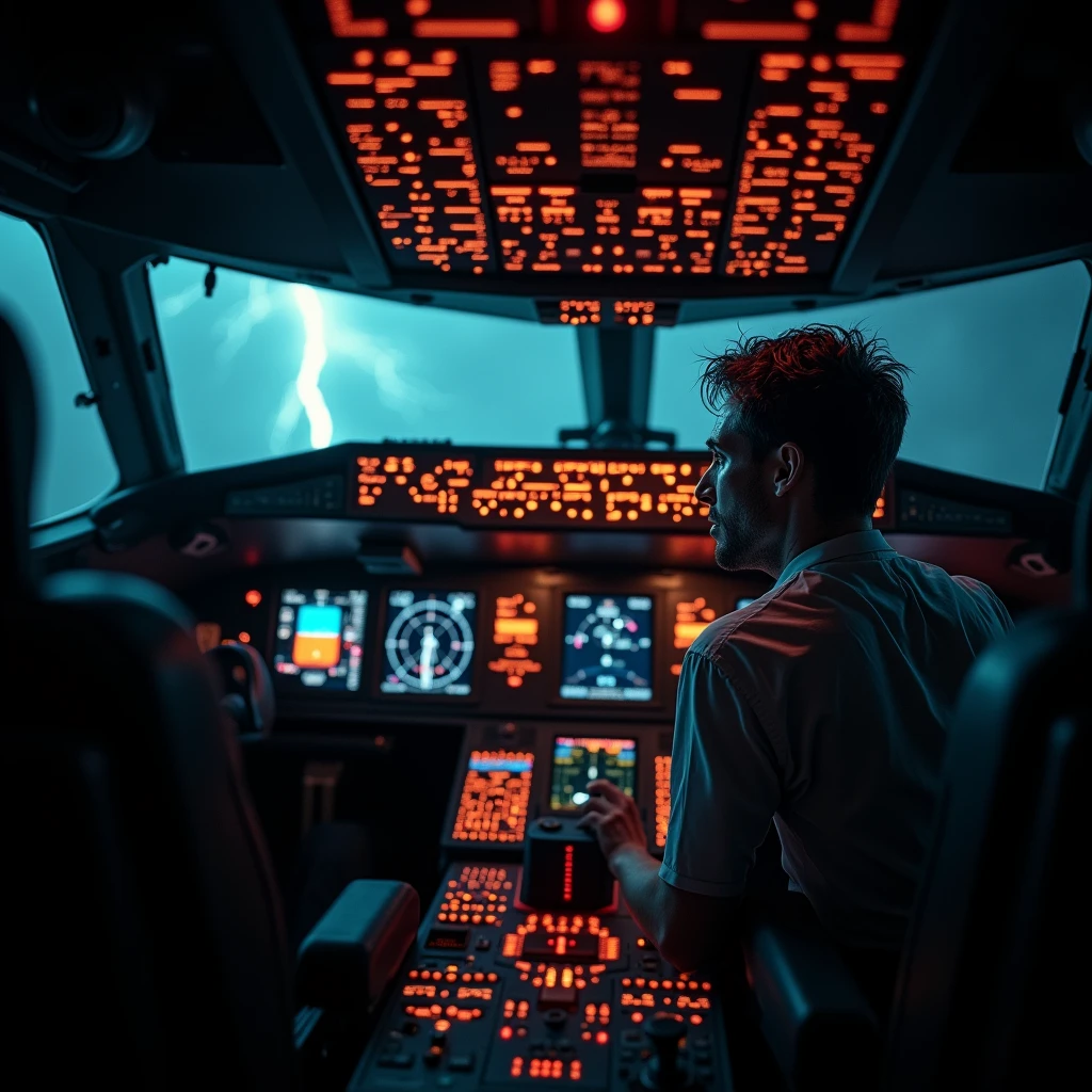 An intense and terrifying scene inside a darkened airplane cockpit. The flight attendant, drenched in sweat and fear, desperately grapples with the controls, surrounded by flickering red warning lights. Shadows loom menacingly in the cramped space, as the instruments show critical failures. The attendant's face is a mix of desperation and determination, illuminated only by the eerie glow of malfunctioning screens. Outside the cockpit windows, a storm rages, with flashes of lightning highlighting the chaos. The atmosphere is thick with tension and horror, evoking a sense of impending doom. (extremely detailed CG unit 8K wallpaper, Artwork, best quality, ultra-detailed, hdr:1.2, dark and terrifying atmosphere, eerie lighting, horror vibes)