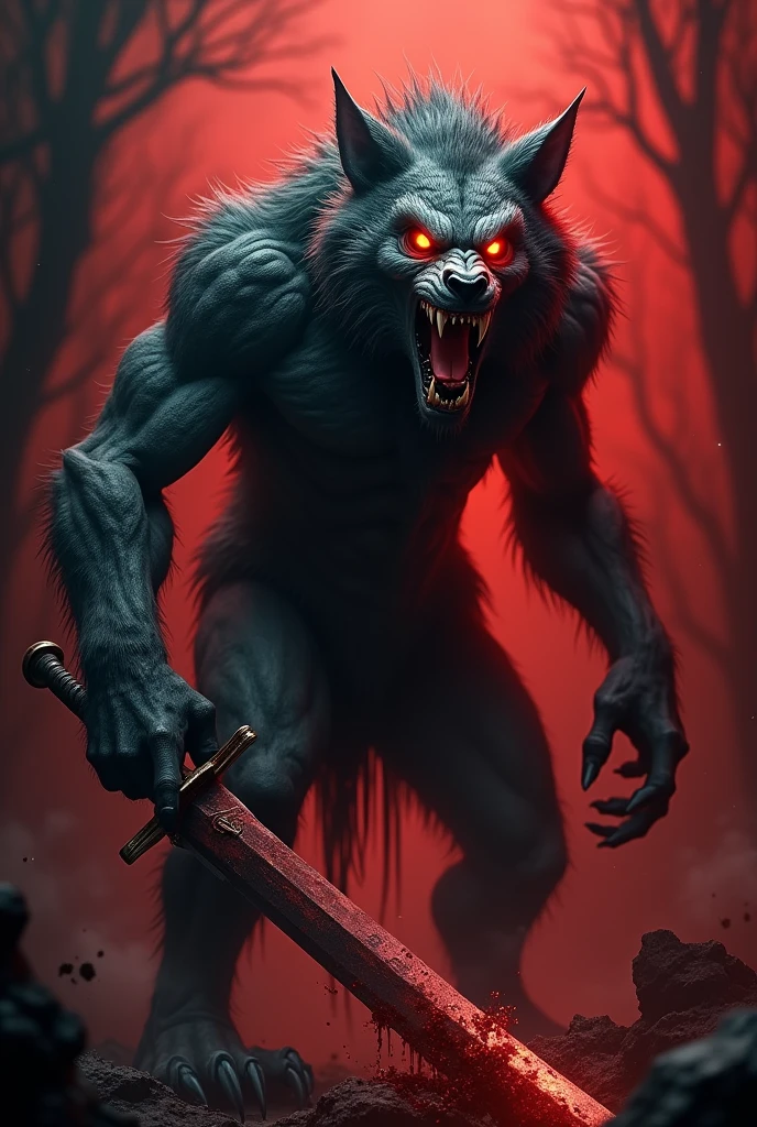 Scary werewolf with flaming eyes and scary mouth with a sword with blood on a black and red background 