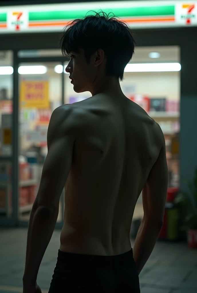 Real photo style、Realistic、Cute handsome man、Idol face、、Japanese、Slim body、Mash Hair、Completely naked、Full nudity、midnight、darkness、In front of Family Mart、Back view、Face turned to the side、Butt Exposed、Have a smartphone