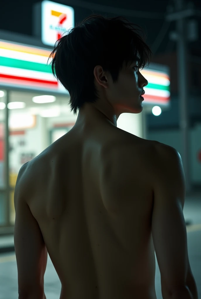 Real photo style、Realistic、Cute handsome man、Idol face、、Japanese、Slim body、Mash Hair、Completely naked、Full nudity、midnight、darkness、In front of Seven-Eleven、Back view、Face turned to the side