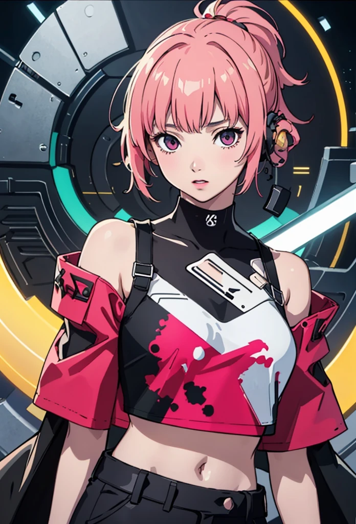 ((Extremely detailed)),(Very detailed), Very detailed CG Unity 8k wallpaper,Highest quality, masterpiece, Emily_t8, Off the shoulder, Pink Crop Top,