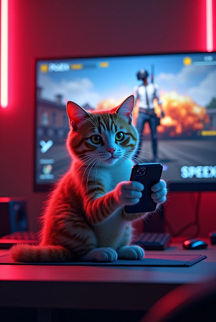 cat
playing phone with computer screen PUBG MOBILE
in background wall texted with red neon lights texted SPEEX for avatar